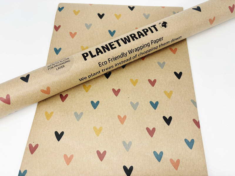 PlanetWrapIt - Colourful Hearts Recycled Kraft Wrapping Paper Gift Wrap - Home & Well 