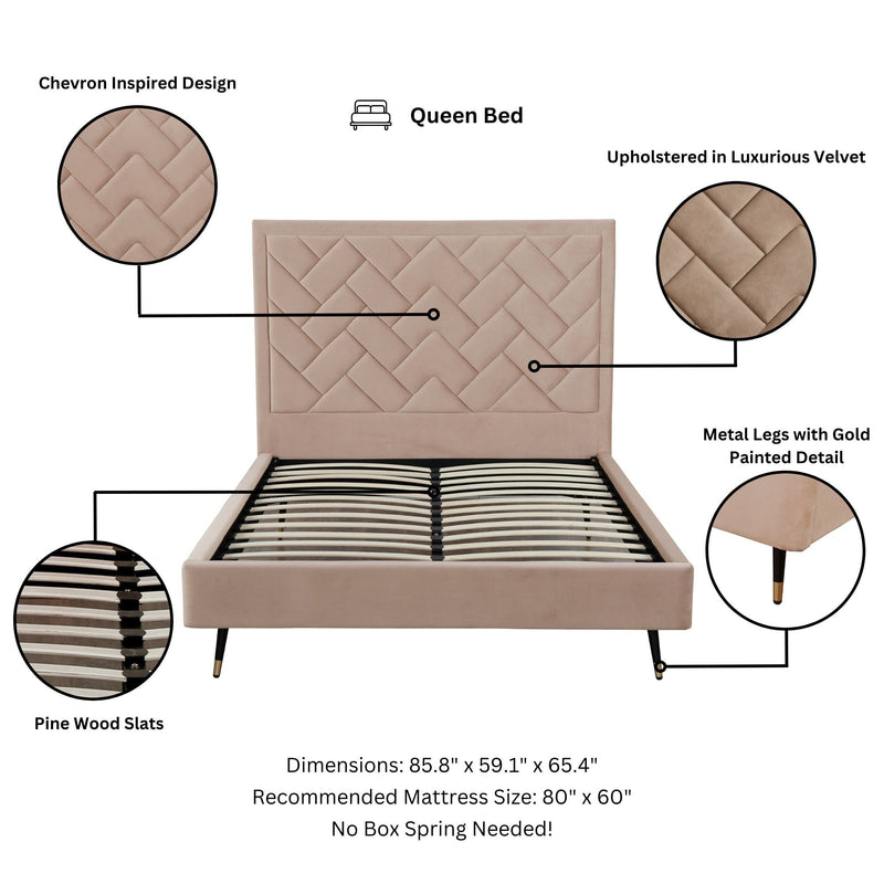 Gallagher Upholstered Velvet Platform Queen Bed - Nude Beige