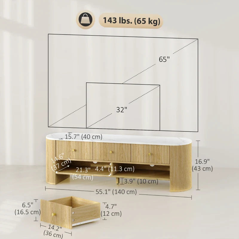 Colby Modern TV Stand with Marble-Effect Top and Storage Drawers-Natural