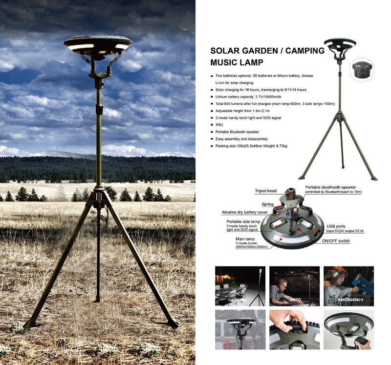 TRU De-LIGHT Singing Music Solar LED Light - Strong BT Speaker/Main Light+3 Detachable Multi Mode Lights/Tripod+Carry Bag