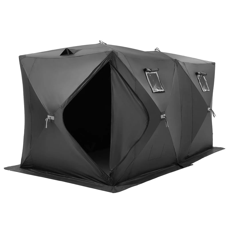 VEVOR Portable Ice Shelter, 6-8 Person Pop-Up Ice Fishing Tent, 70 Square Feet Fishable Area, Ice Shanty for Winter Fishing, Waterproof Oxford Ice Cube with Anchors/Ropes/Carrying Bag, 142"x71" Black