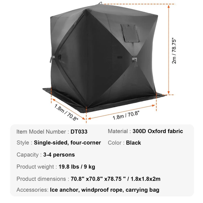 VEVOR Portable Ice Shelter, 3-4 Person Pop-Up Ice Fishing Tent, 35 Square Feet Fishable Area, Ice Shanty for Winter Fishing, Waterproof Oxford Ice Cube with Anchors/Ropes/Carrying Bag, 71"x71", Black