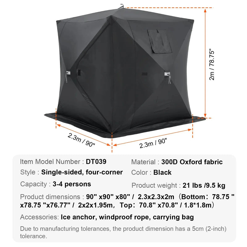 VEVOR Portable Ice Shelter, 3-4 Person Pop-Up Ice Fishing Tent, 43 Square Feet Fishable Area, Ice Shanty for Winter Fishing, Waterproof Oxford Ice Cube with Anchors/Ropes/Carrying Bag, 90"x90", Black