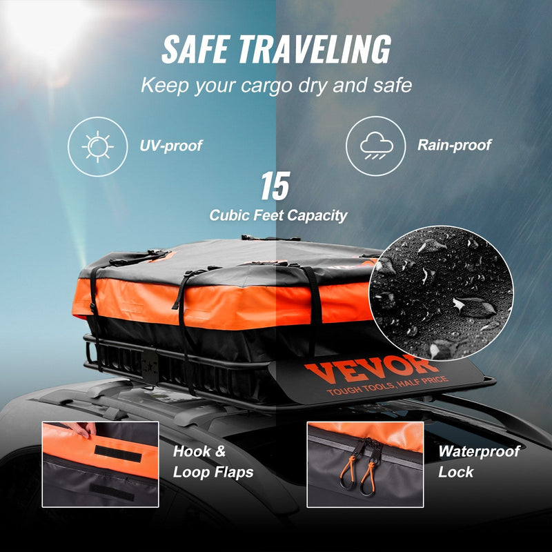 VEVOR Roof Rack Cargo Basket, 51" x 36" x 5" Rooftop Cargo Carrier w/ 15 Cu Ft Waterproof Cargo Bag, 200 LBS Capacity Universal Rack Carrier for SUV, Truck