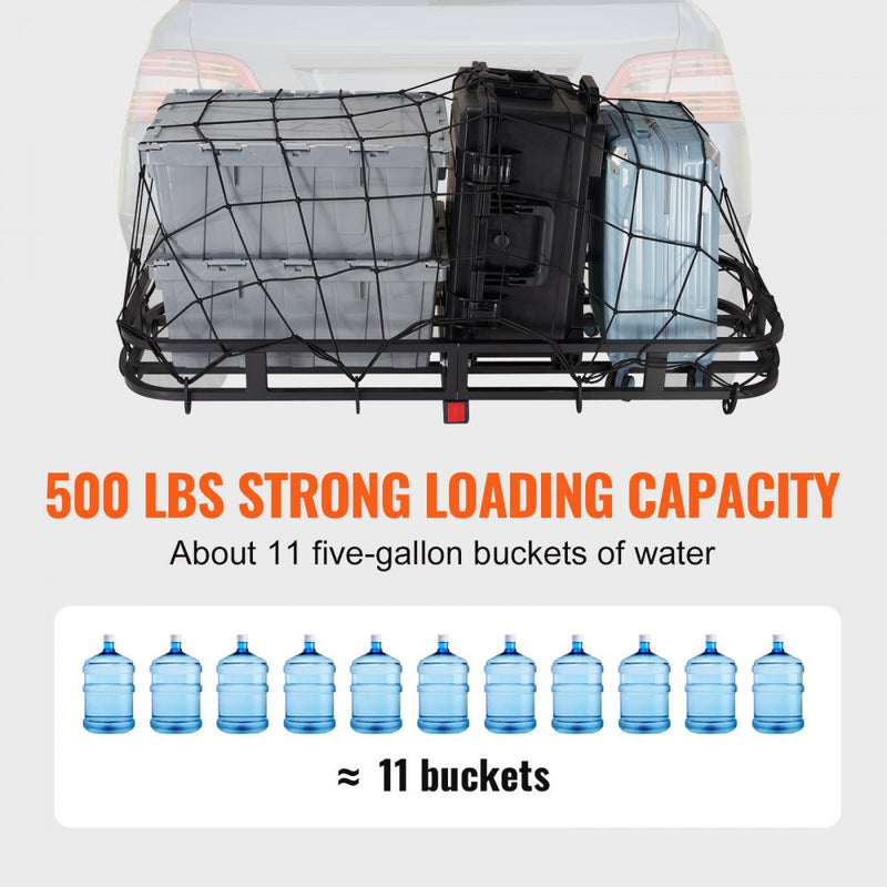 VEVOR 53 x 19 x 5 in Hitch Cargo Carrier, 500lb Capacity Trailer Hitch Mount Cargo Basket, Steel Luggage Carrier Rack Fits 2" Hitch Receiver for SUV Truck Pickup with Cargo Net, Stabilizer, Straps