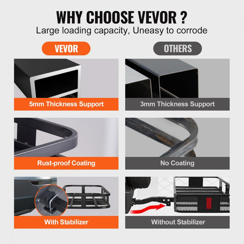 VEVOR 53 x 19 x 5 in Hitch Cargo Carrier, 500lb Capacity Trailer Hitch Mount Cargo Basket, Steel Luggage Carrier Rack Fits 2" Hitch Receiver for SUV Truck Pickup with Cargo Net, Stabilizer, Straps