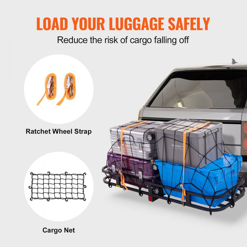 VEVOR 53 x 19 x 5 in Hitch Cargo Carrier, 500lb Capacity Trailer Hitch Mount Cargo Basket, Steel Luggage Carrier Rack Fits 2" Hitch Receiver for SUV Truck Pickup with Cargo Net, Stabilizer, Straps
