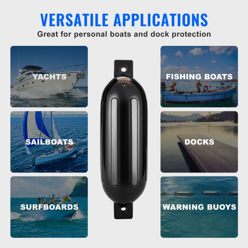 VEVOR Boat Fenders, 6.5" x 23" Boat Bumpers for Docking, Inflatable Ribbed Fender with Center Holes, Marine Boat Dock Fender Bumper with Air Pump, 4 Needles and 4 Ropes and Storage Bag, Black