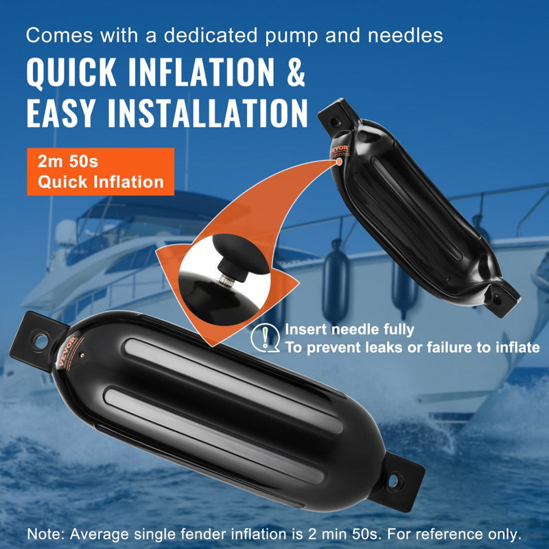 VEVOR Boat Fenders, 8.5" x 26" Boat Bumpers for Docking, Inflatable Ribbed Fender with Center Holes, Marine Boat Dock Fender Bumper with Air Pump, 4 Needles and 4 Ropes and Storage Bag, Black