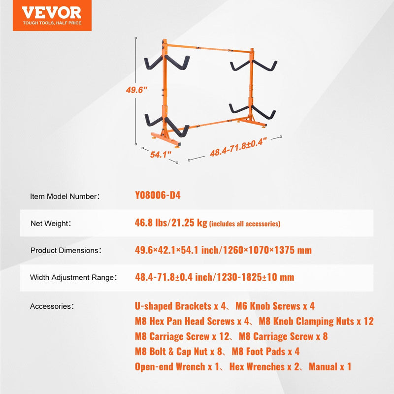 VEVOR Freestanding Kayak Storage Rack, Kayak Stand for 4 Kayak Canoe Paddleboard, Heavy-duty Steel Kayak Hanger Holder with Padded Arms and Adjustable Width, 220LBS Max Load, for Indoor Outdoor Garage
