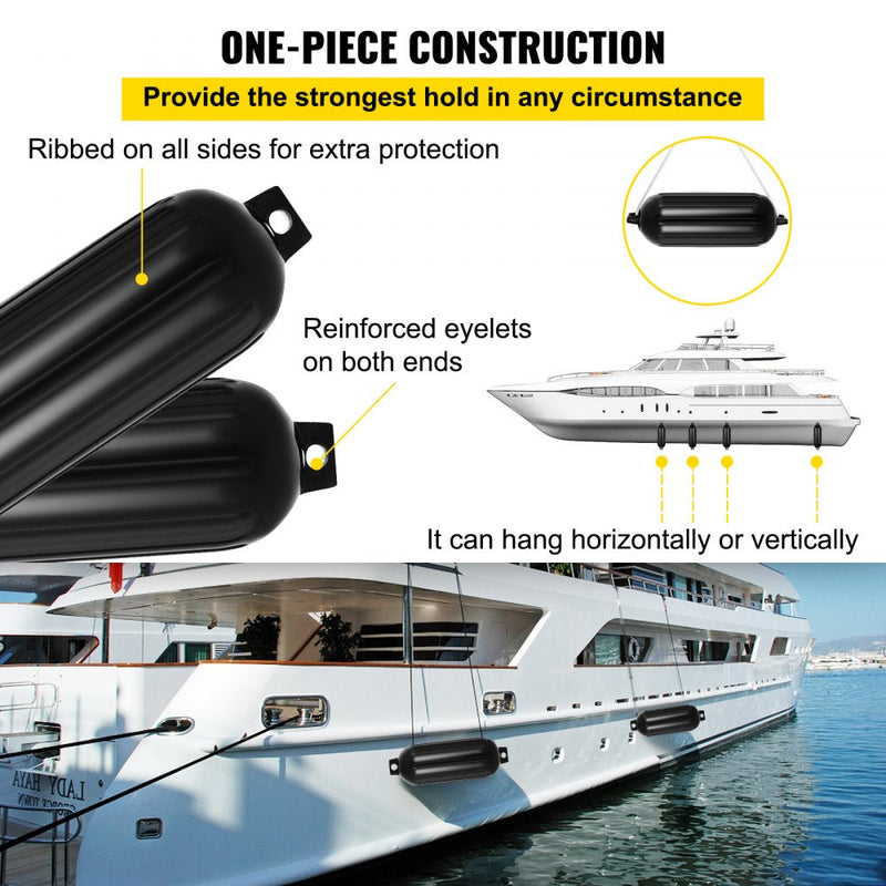 VEVOR Boat Fenders 4 Ribbed 8\" x 27\" PVC Bumper Dock Shield Protection Black