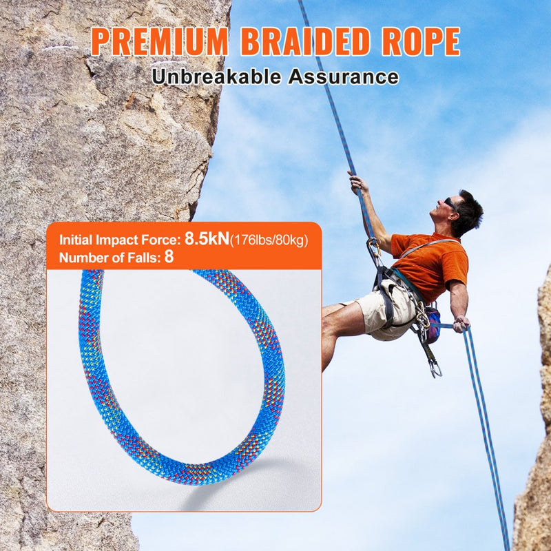 VEVOR 10.2mm Dynamic Climbing Rope 50M(164ft) Outdoor Rock Climbing Rope Blue