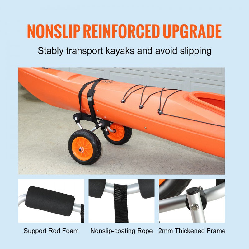 VEVOR Heavy Duty Kayak Cart, 250lbs Load Capacity, Foldable Canoe Trolley Cart with 10'' Solid Tires, Nonslip Support Foot & Tie-Down Strap, for Kayaks Canoes Paddleboards Float Mats Jon Boats