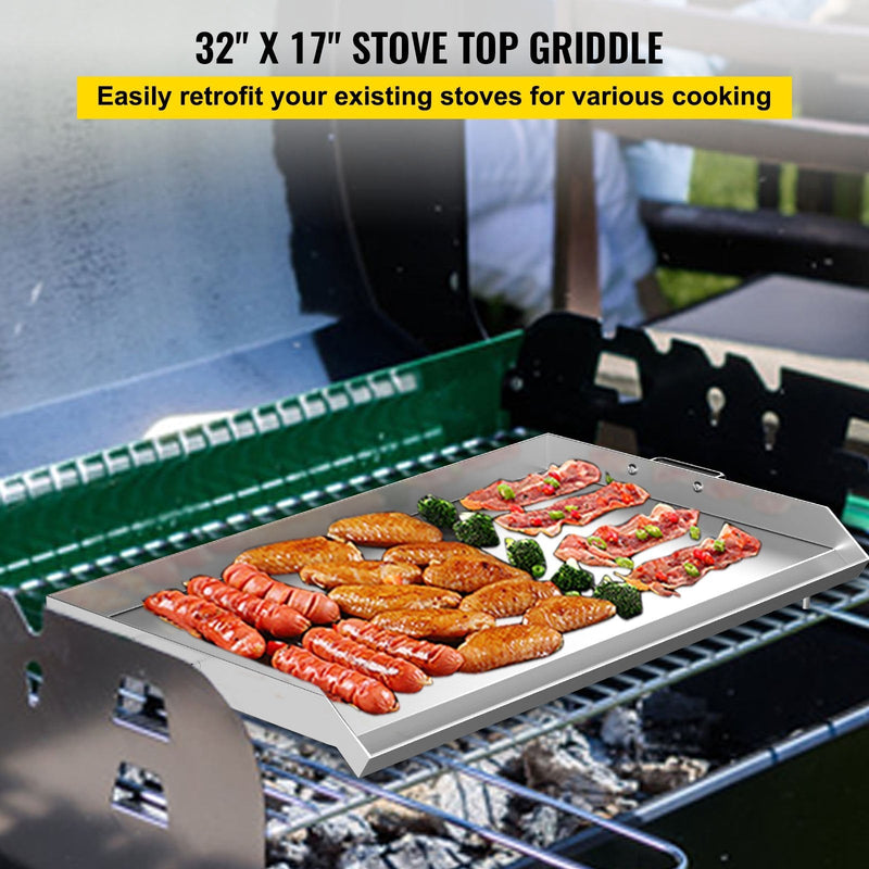 VEVOR Stainless Steel Griddle,32\" X 17\" Universal Flat Top Rectangular Plate , BBQ Charcoal/Gas Grill with 2 Handles and Grease Groove with Hole?Grills for Camping, Tailgating and Parties .