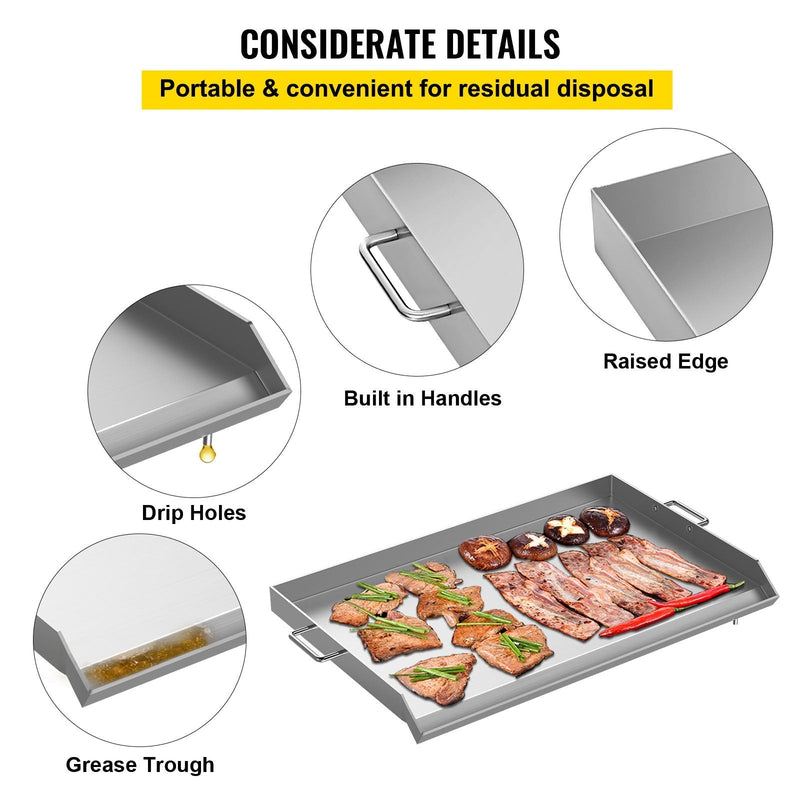 VEVOR Stainless Steel Griddle,32\" X 17\" Universal Flat Top Rectangular Plate , BBQ Charcoal/Gas Grill with 2 Handles and Grease Groove with Hole?Grills for Camping, Tailgating and Parties .