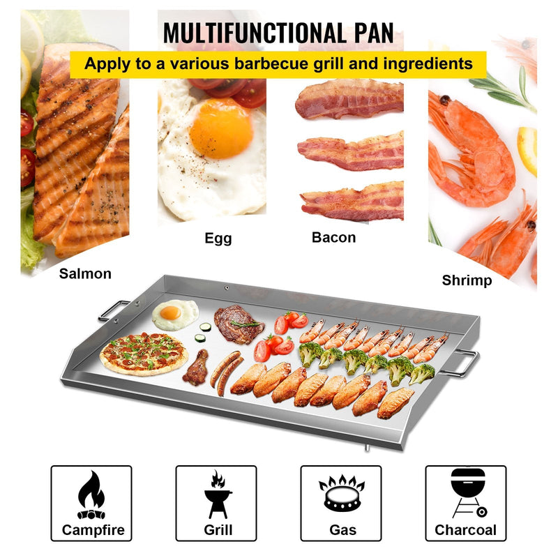 VEVOR Stainless Steel Griddle,32\" X 17\" Universal Flat Top Rectangular Plate , BBQ Charcoal/Gas Grill with 2 Handles and Grease Groove with Hole?Grills for Camping, Tailgating and Parties .