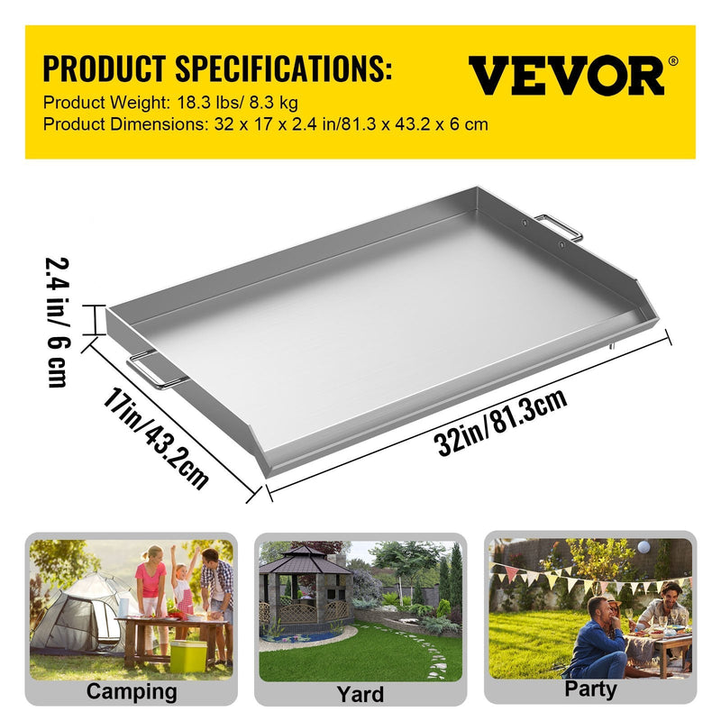 VEVOR Stainless Steel Griddle,32\" X 17\" Universal Flat Top Rectangular Plate , BBQ Charcoal/Gas Grill with 2 Handles and Grease Groove with Hole?Grills for Camping, Tailgating and Parties .