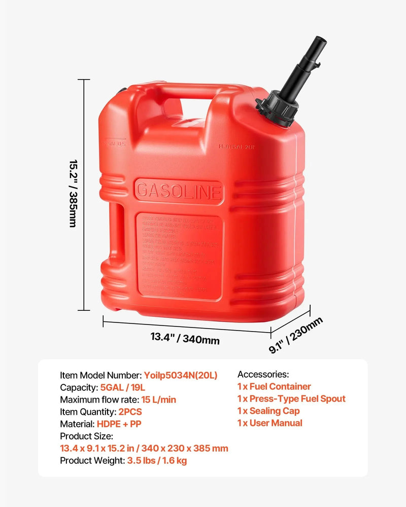 VEVOR Fuel Container, 5 Gallon, Gas Tank with Spout & Clear Scale, 15 L/min Max Flow Rate, Secure & Leak-proof, Portable Flat Fluid Container for Most Cars Motorcycle ATV UTV, Red, 2 Packs