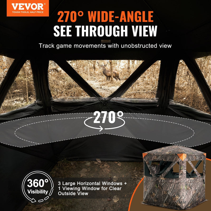 VEVOR Hunting Blind 270° See Through Ground Blind 3 Windows Mesh for 1-2 Person