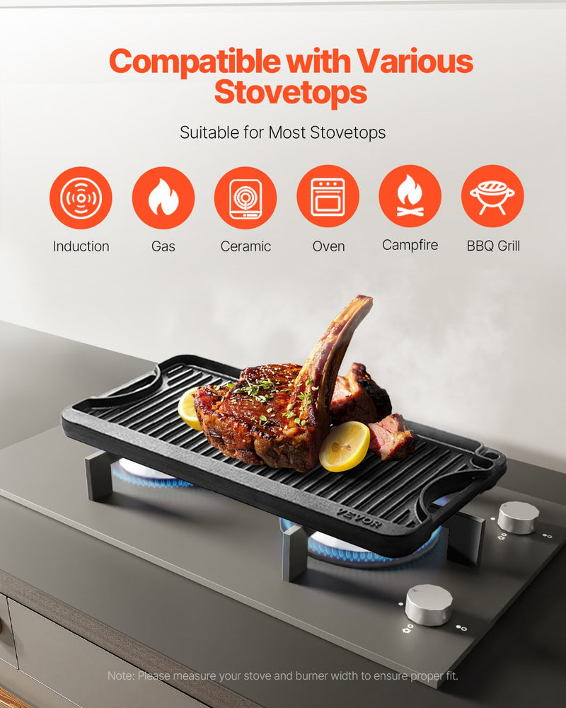 VEVOR 20x10 in Reversible Grill Griddle Pre-Seasoned BBQ Pan Cast Iron Black