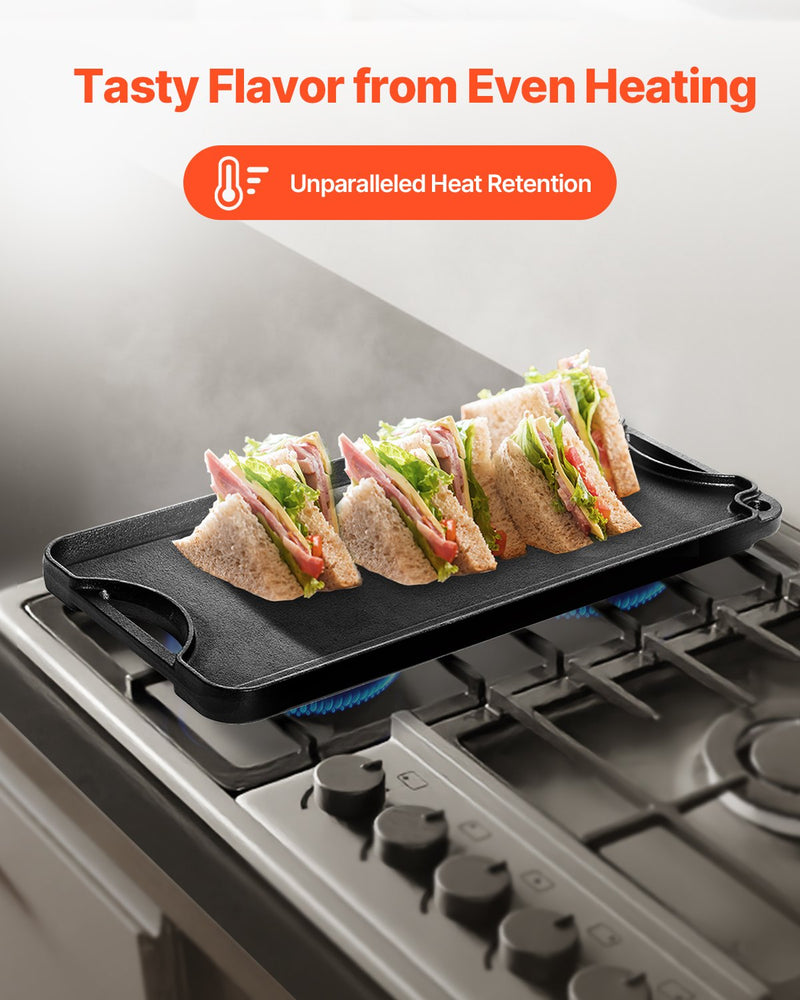 VEVOR 20x10 in Reversible Grill Griddle Pre-Seasoned BBQ Pan Cast Iron Black