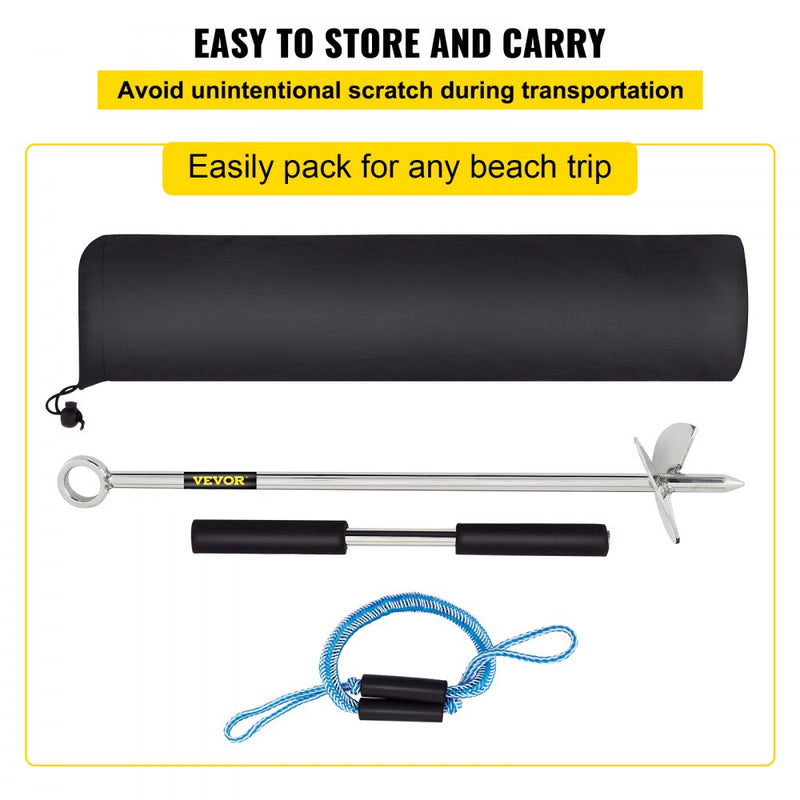 VEVOR Sand Anchor, 18" Length Auger to the Beach and Sandbar, 316 Stainless Steel Screw Anchor w/ Removable Handle, Bungee Line & Carry Bag, for Jet Ski PWC Pontoon Kayak