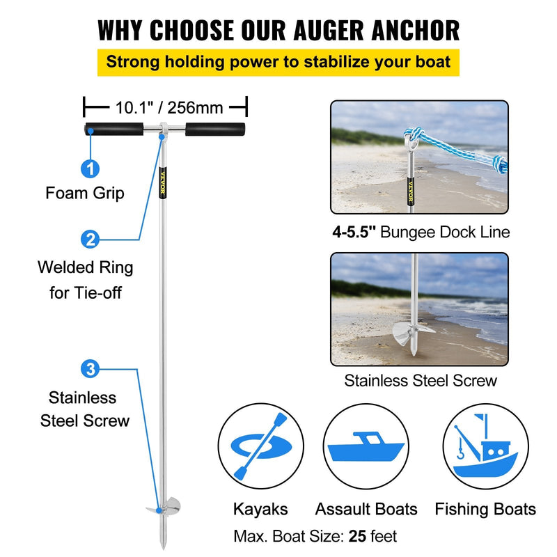 VEVOR Sand Anchor, 36" Length Auger to the Beach and Sandbar, 316 Stainless Steel Screw Anchor w/ Removable Handle, Bungee Line & Carry Bag, for Jet Ski PWC Pontoon Kayak