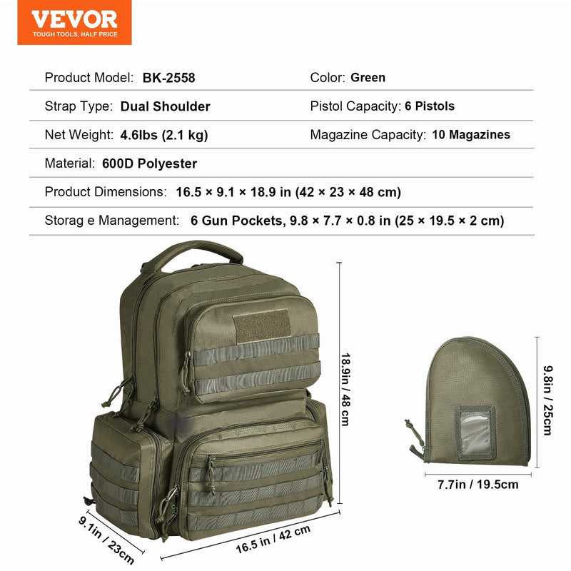 VEVOR Tactical Range Backpack for 6 Pistols Gun Backpack Green