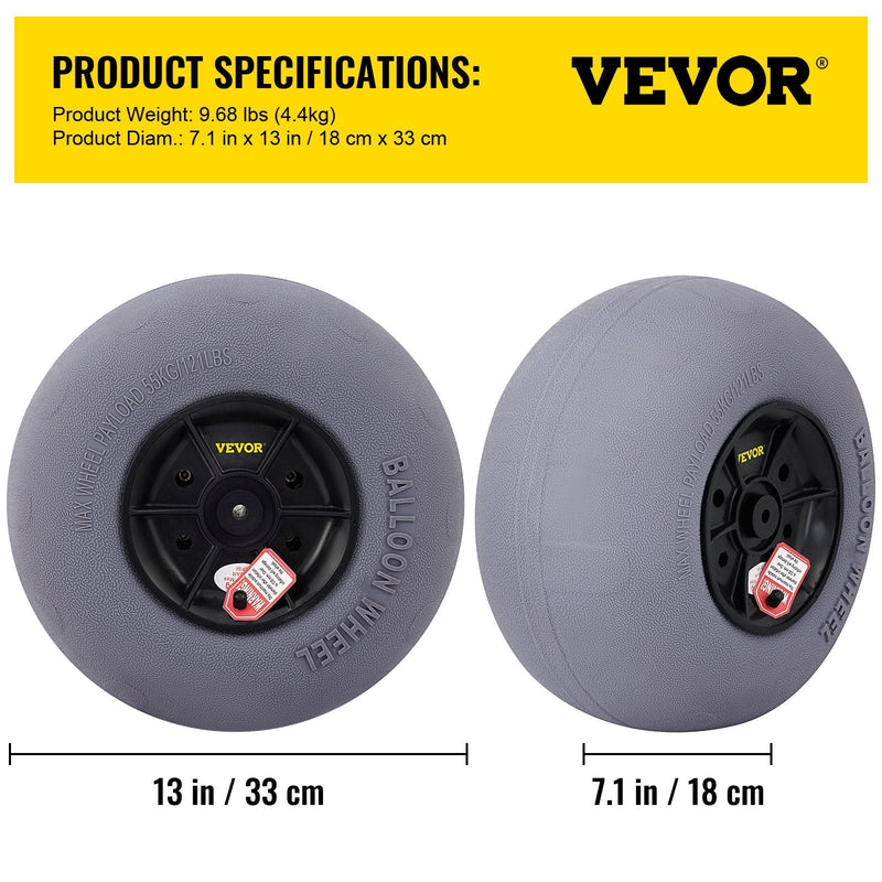 VEVOR Beach Balloon Wheels, 13" Replacement Sand Tires with 32" Stainless Steel Axle, TPU Cart Tires for Kayak Dolly, Canoe Cart and Buggy w/ Free Air Pump, 2-Pack