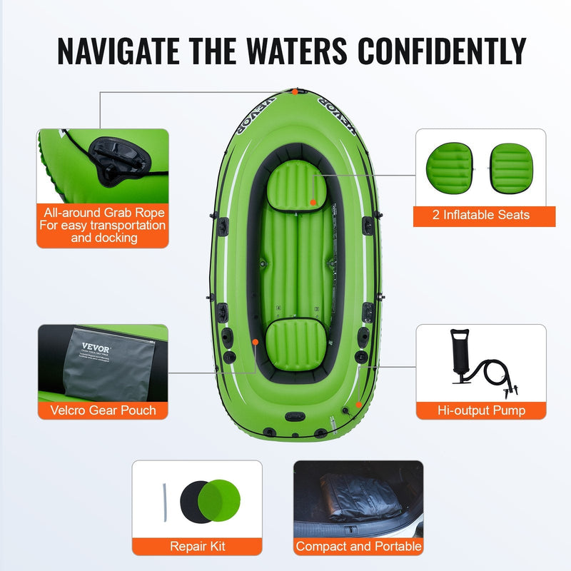 VEVOR Inflatable Boat, 4-Person Inflatable Fishing Boat, Strong PVC Portable Boat Raft Kayak, 45.6" Aluminum Oars, High-Output Pump, Fishing Rod Holders, and 2 Seats, 1100 lb Capacity for Adults, Kids