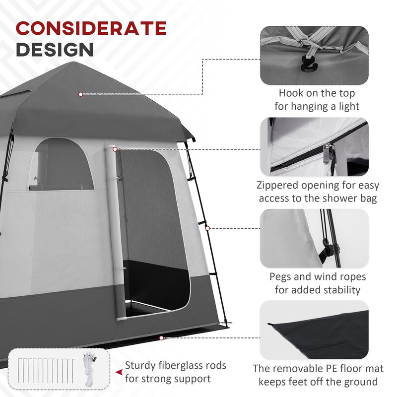 Outsunny Outdoor Portable Pop Up Shower Tent Changing Tent Privacy Enclosure with 2 Rooms, Shower Bag, Floor for Camping, Dark Grey